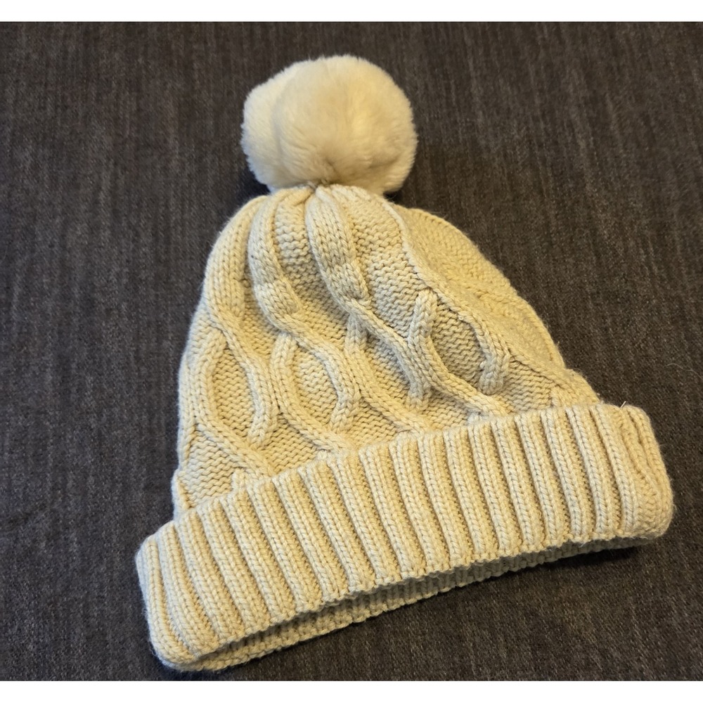 Cable Knit Beanie Women OS Cream Sherpa Fleece Lined Faux Fur Pom Winter Hat